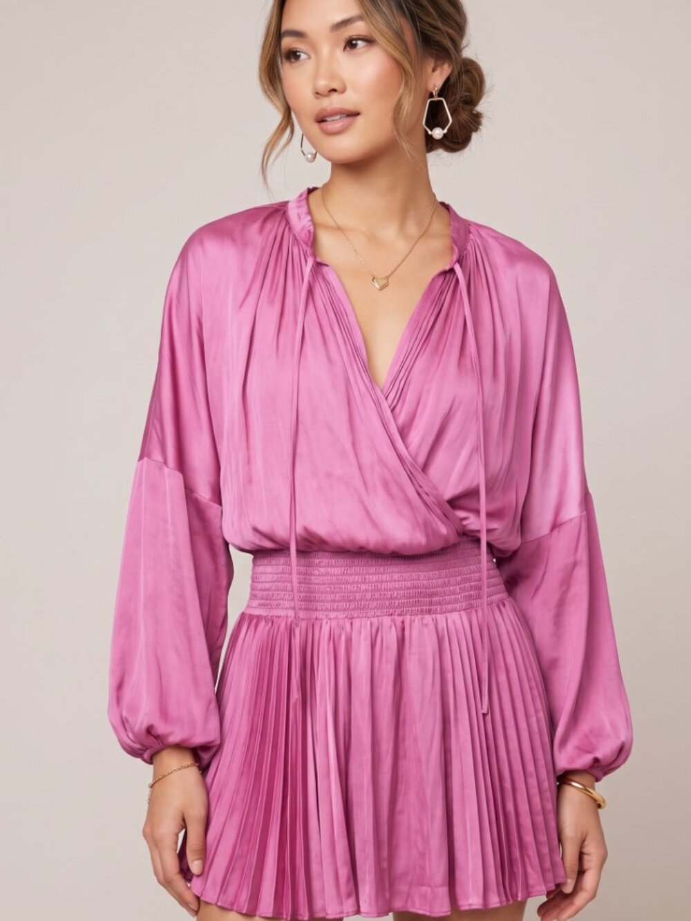 Ramy Brook Pink Satin Surplice Pleated Smocked Waist Long Sleeve Mini Dress Sz S